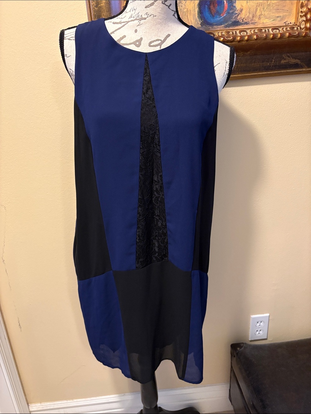 Astr Color block A-line Lace-Trim Panel lined mix fabric Zipper back Midi Dress